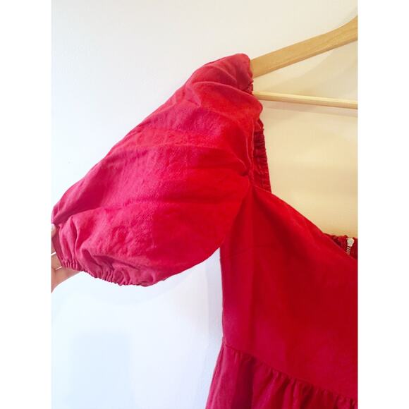 Reformation 100% Linen Red Zipper Smock Puffy Sleeve Sweetheart Neck Dress Sz 0 - Picture 9 of 12